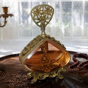 Vintage Hollywood Regency Gold Gilt Ormolu Perfume Bottle with Dauber